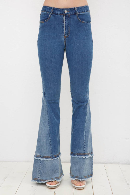 17391P - Two Tone Frayed Detail Bell Bottom Denim Jeans
