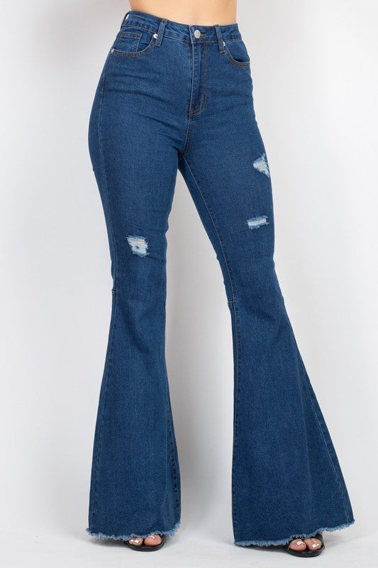 High-Rise Bell Bottom Frayed Jeans
