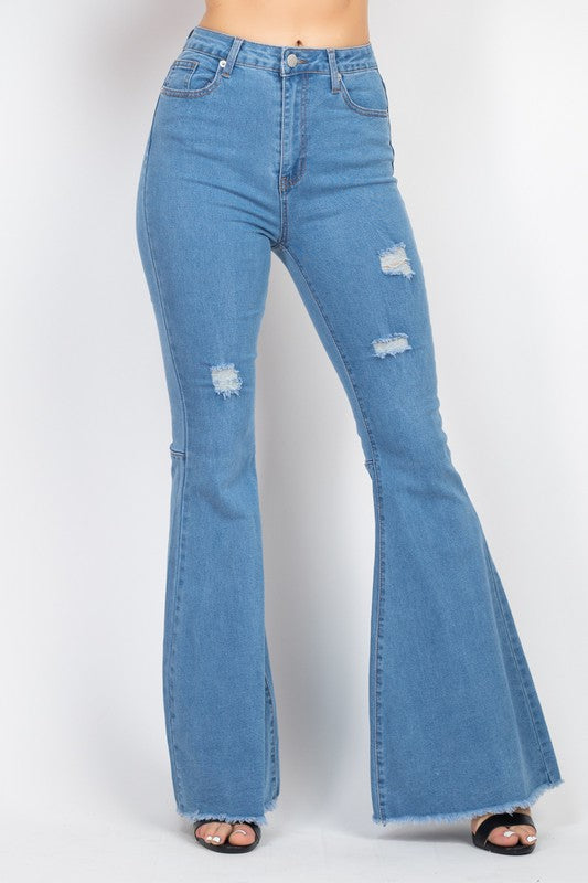 High-Rise Bell Bottom Frayed Jeans